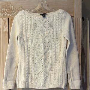 WHBM Women's Cream Sweater with beading down the front.  58% cotton blend